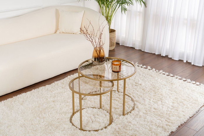 Nordure Juego de Mesas de Café 60x43x60cm y 42x39x42cm, Vidrio Templado y Metal, Oro y Bronce